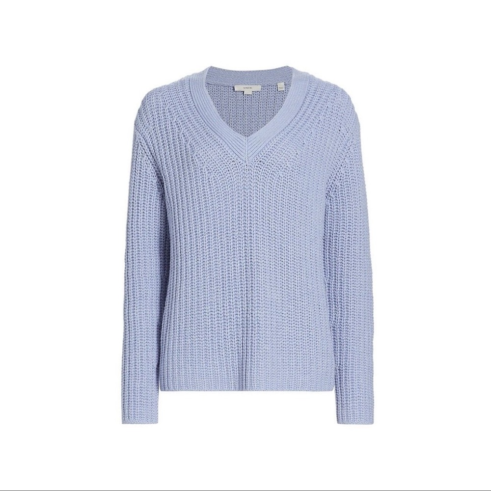 NWT Vince Shaker Stitch V-Neck Sweater Periwinkle Blue Size L Quiet Luxury